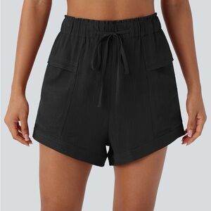HALARA mid rise drawstring frill black shorts size small casual island travel